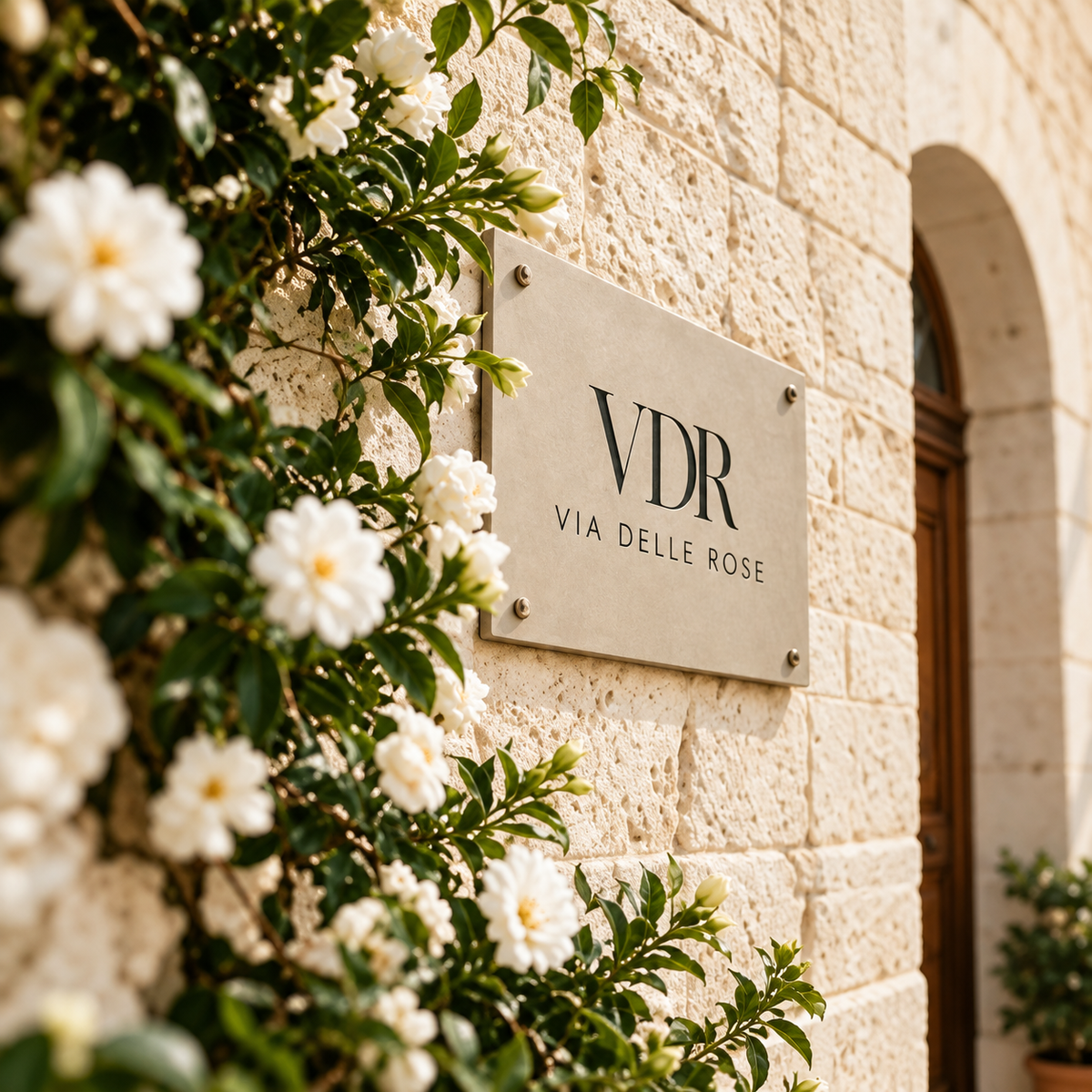 Cartello di Via Delle Rose circondato da fiori